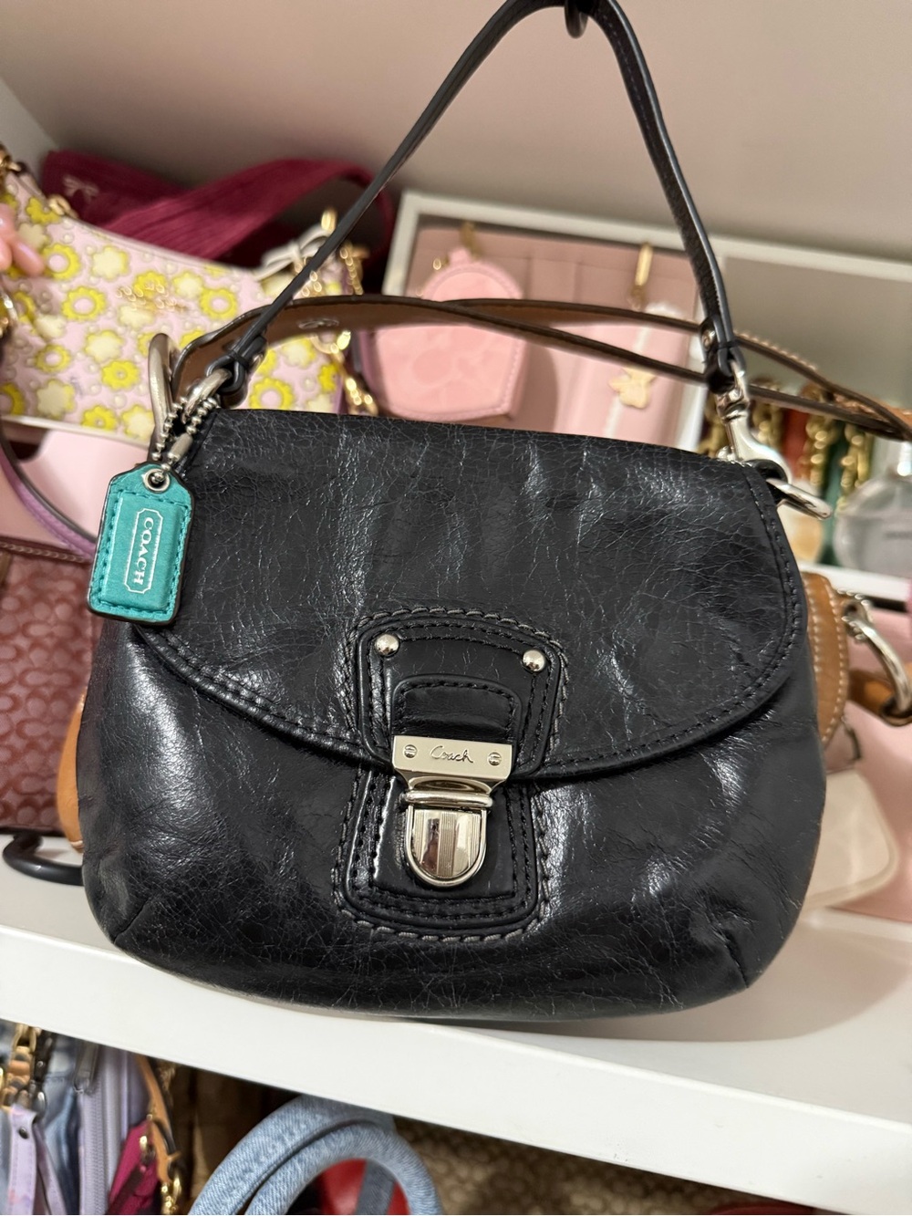 Coach Black Leather Flap Shoulder Bag with Teal Hangtag